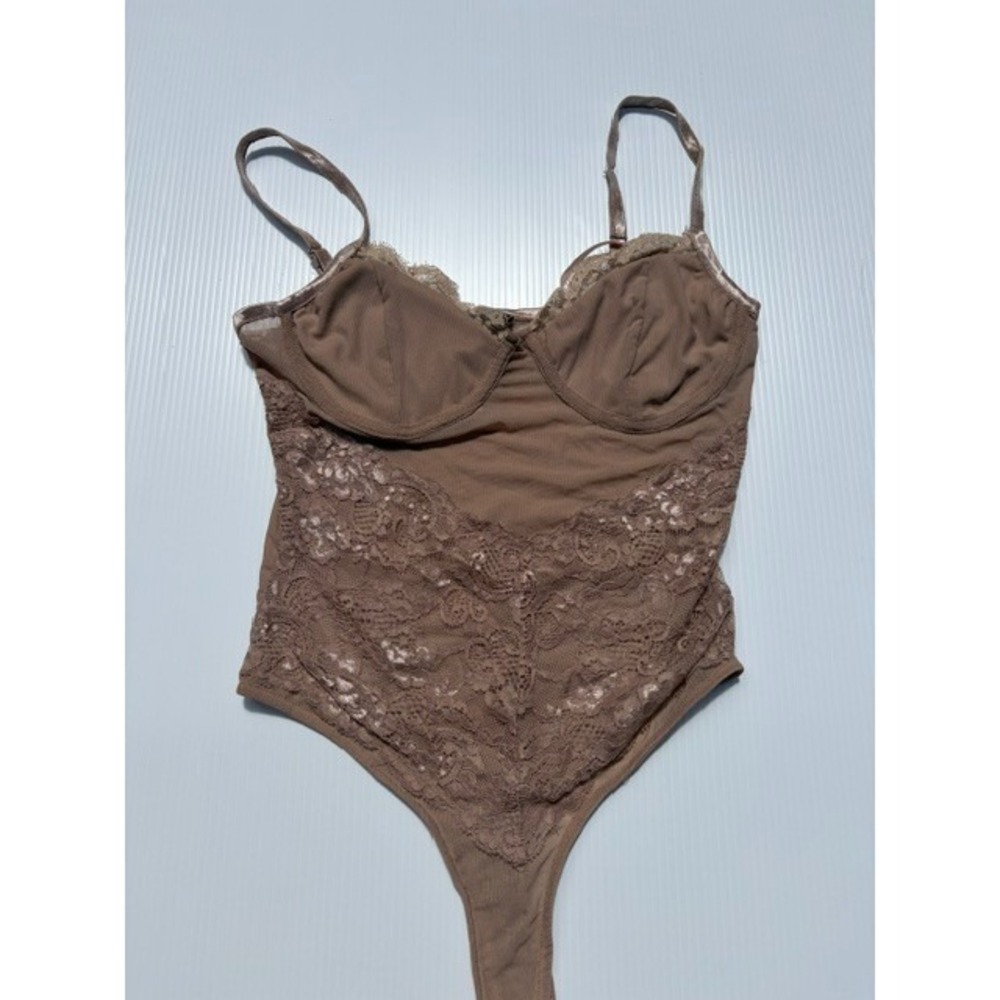 Forever 21 Bodysuit Women's Small Mocha Brown‎ Lace Trim Corset Style Festival - Picture 5 of 16